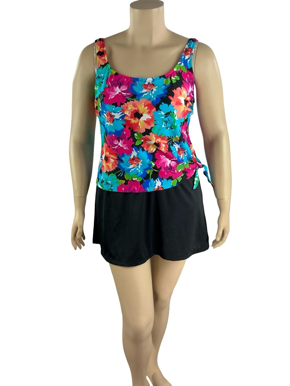 Le Cove Floral Skirted Swim Dress One Piece Black Resort Size 16 Multicolor